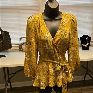 LOFT Mustard Floral Wrap Blouse